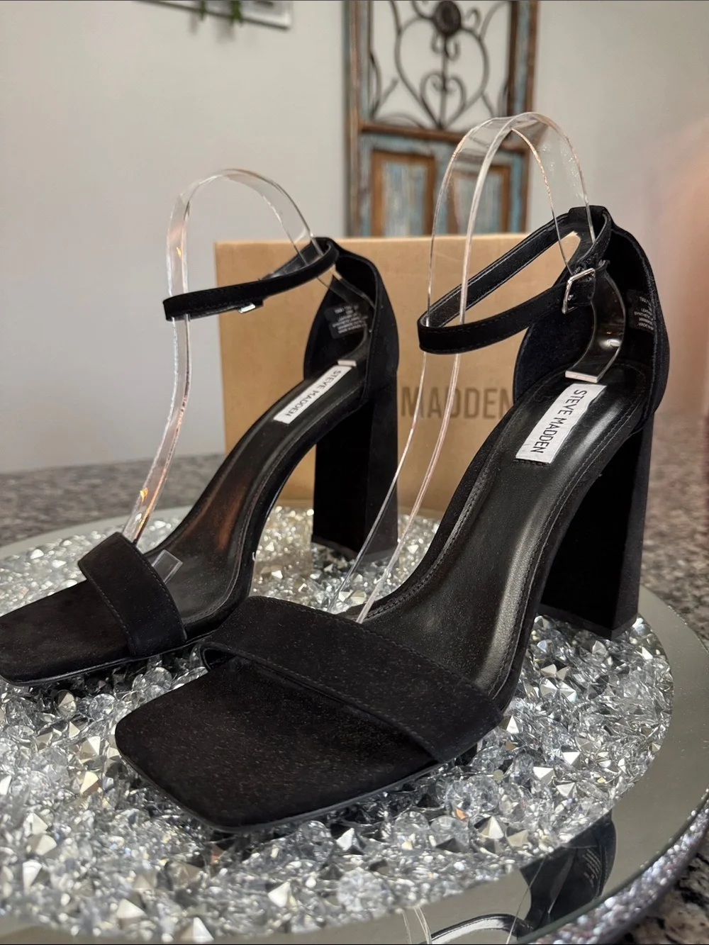 Steve Madden Black Suede leather Chunky Block Heel Sandals NEW 10